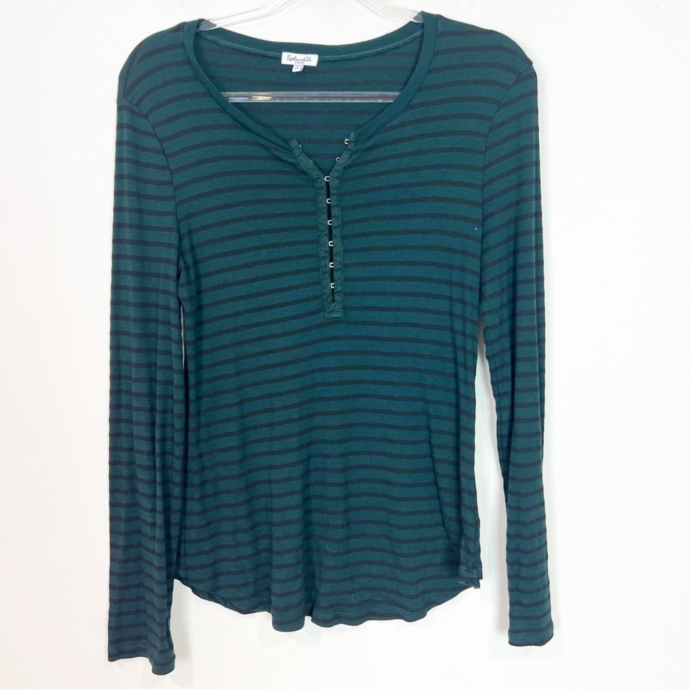 SPLENDID GREEN BLACK HOOK & EYE HENLEY NECKLINE STRIPE SHIRT SZ LARGE